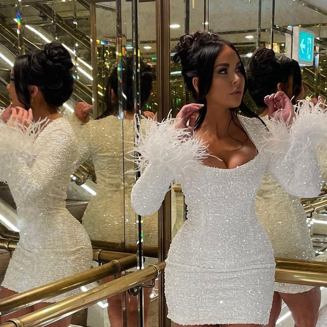 Cute Short Homecoming Dress White Sequin Long Sleeves Birthday Outfit Dress fg5273