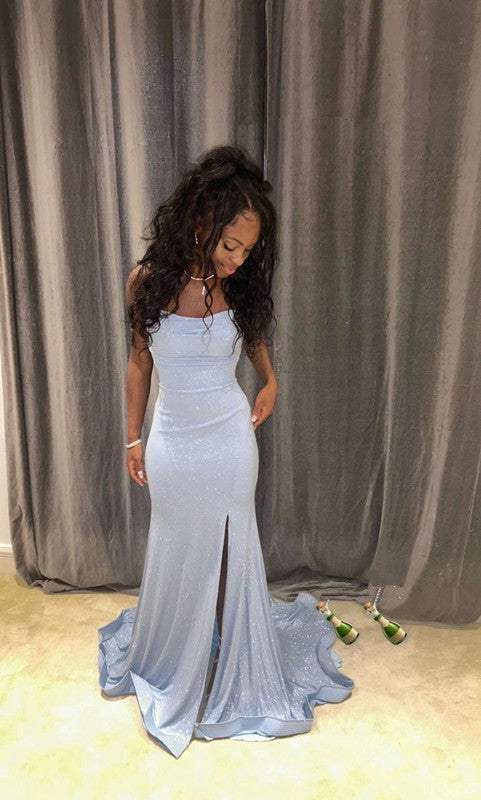 Vestido largo de sirena azul claro para fiesta, elegante vestido de noche para cumpleaños