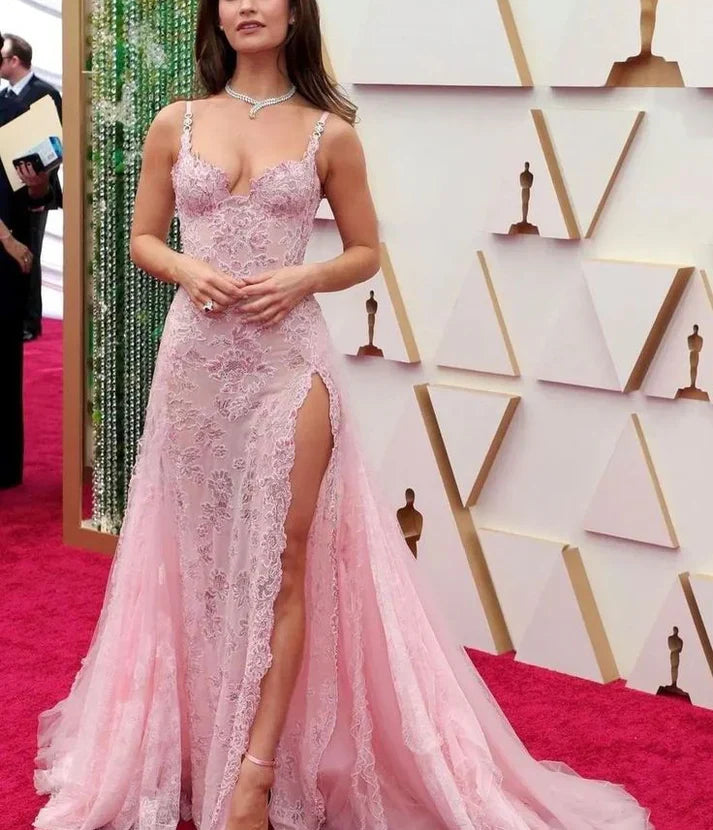Vestido de fiesta vintage de encaje rosa con escote en forma de corazón, vestido de noche largo, corte A, vestido formal con abertura alta TP4589