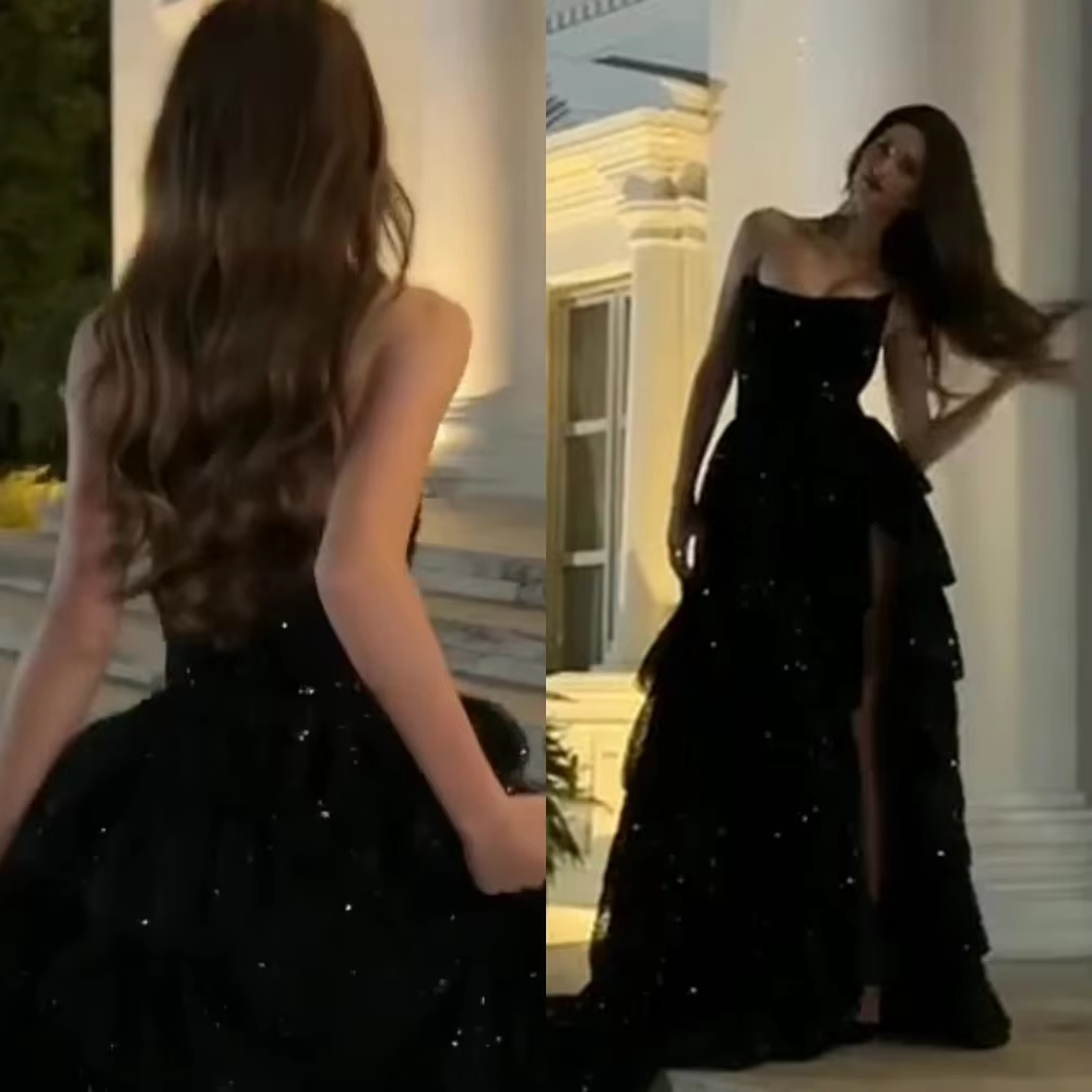 Multi-layer Shiny Elegant Dresses for Women,Luxury Party Dress,Black Prom Dress fg6756