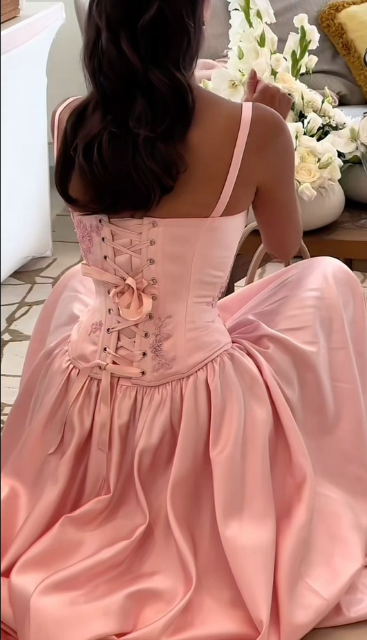 Elegant Pink Satin A-Line Long Evening Dress Bridesmaid Dress fg7255