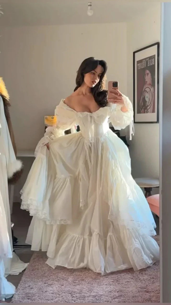 Princess A Line Long Sleeve White Satin Lace Birthday Dress Evening Dress SH2797