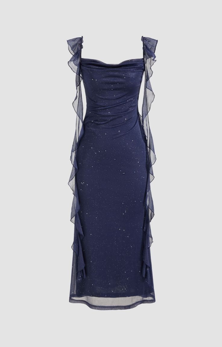Cowl Neck Sequin Ruffle Maxi Dress Navy Blue Evening Dress cg25206