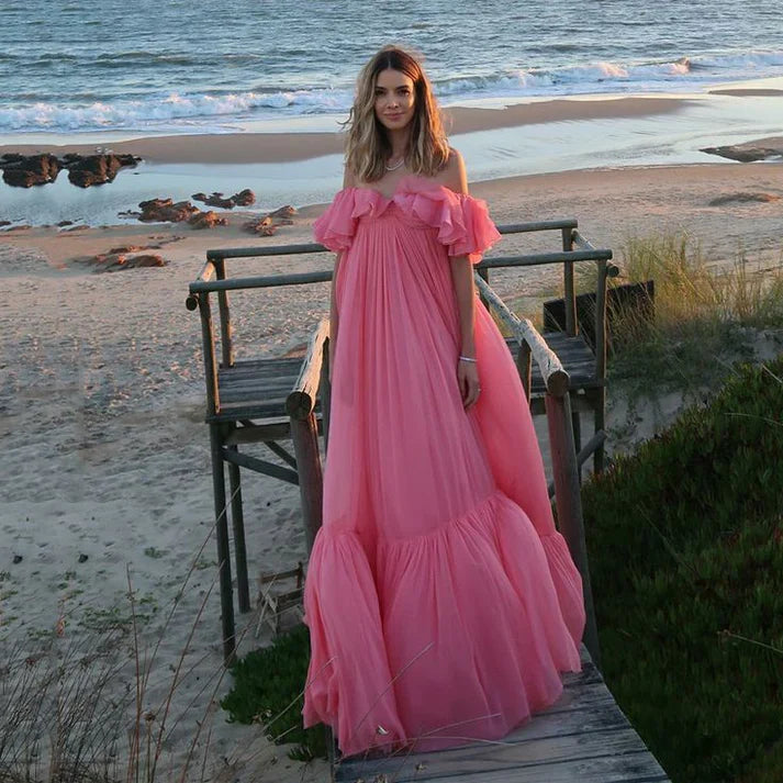 Vestido de fiesta vintage rosa con hombros descubiertos, largo plisado, vestido formal de noche TP4574
