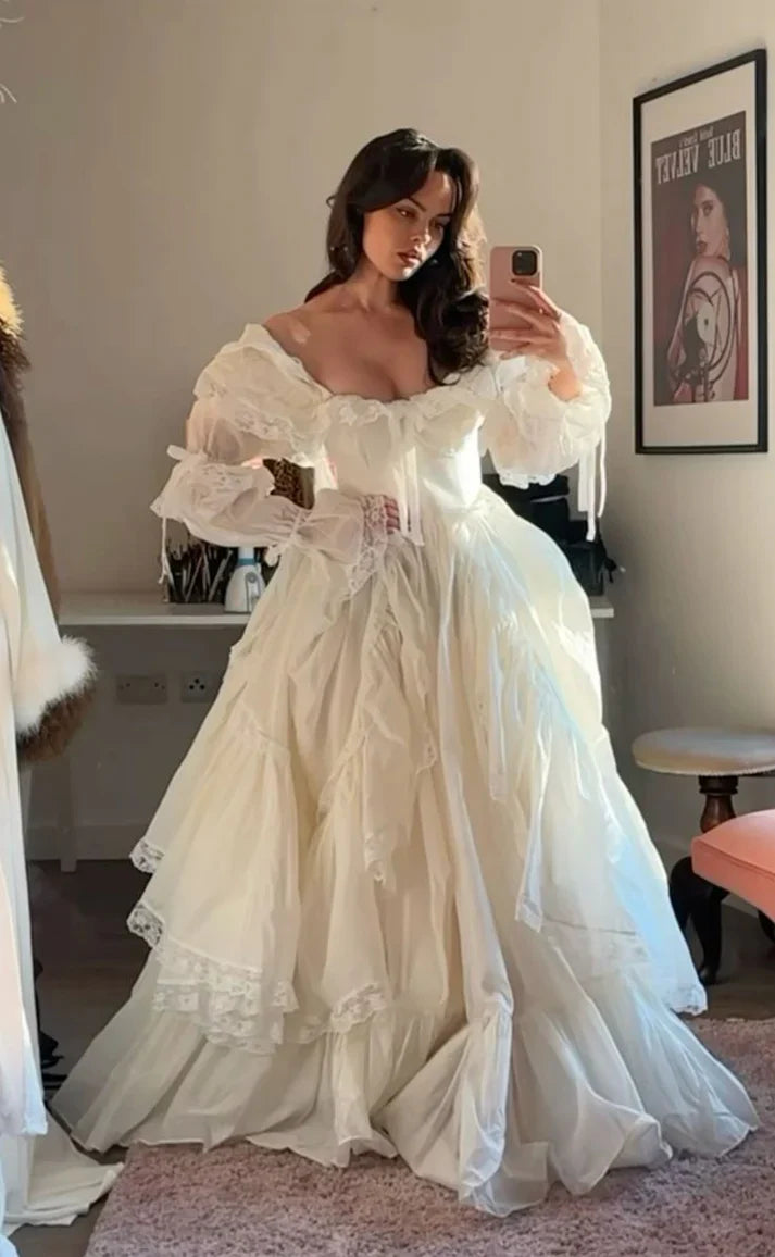 Princess A Line Long Sleeve White Satin Lace Birthday Dress Evening Dress SH2797
