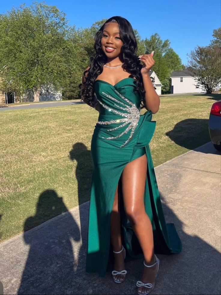 Green Beadings Sweetheart Sleeveless Prom Dress With Split fg6994