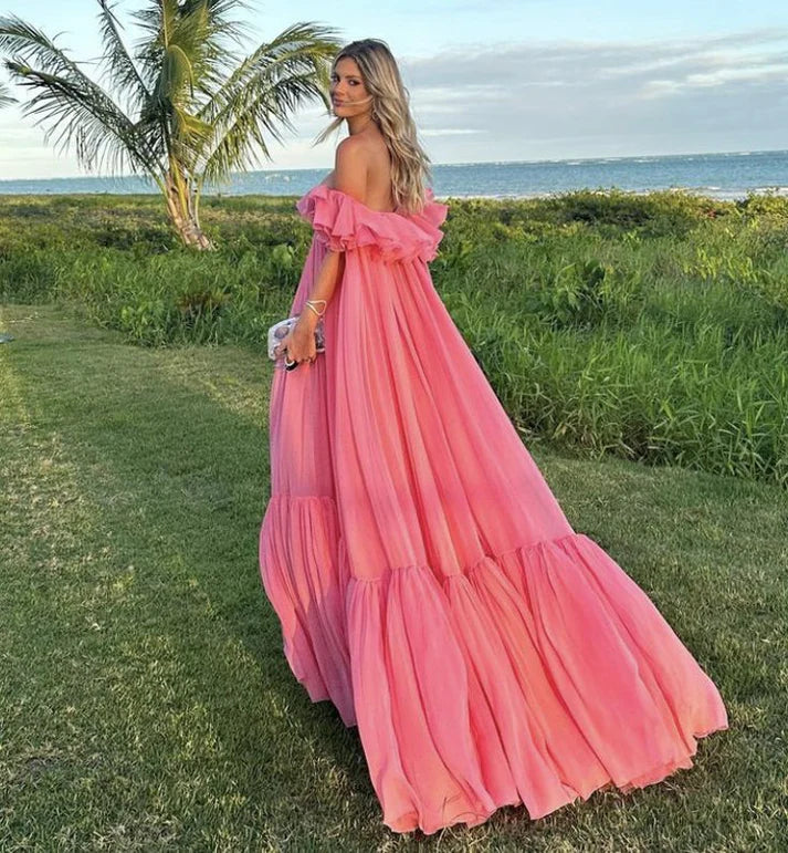 Vestido de fiesta vintage rosa con hombros descubiertos, largo plisado, vestido formal de noche TP4574