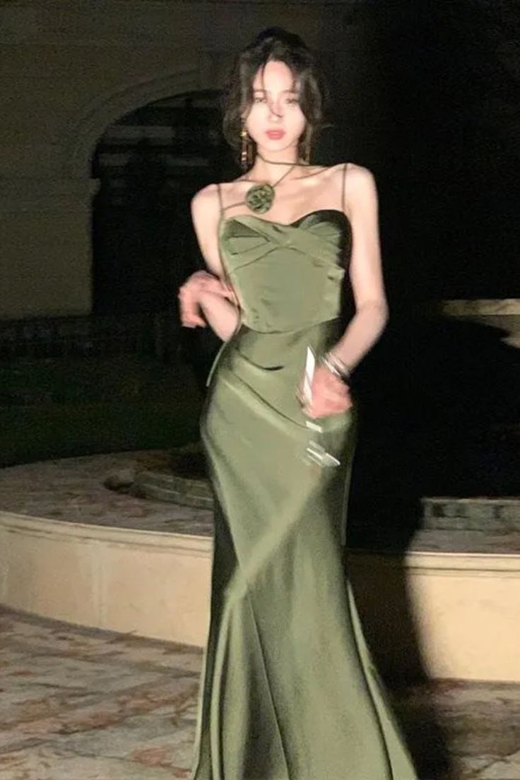Mermaid Straps Satin Green Prom Dresses Formal Evening Dress cg25237