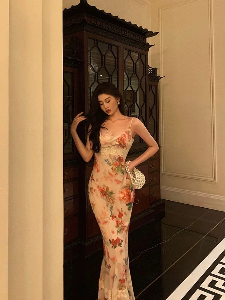 Sexy Sheath Spaghetti Straps Floral Ankle Length Prom Dresses Birthday Dress fg7029