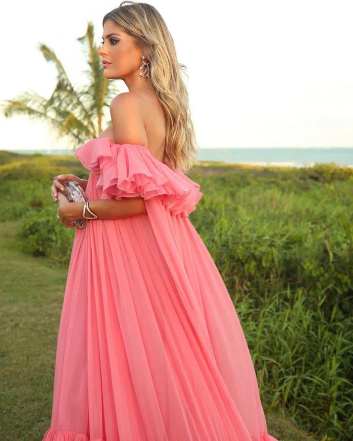 Vestido de fiesta vintage rosa con hombros descubiertos, largo plisado, vestido formal de noche TP4574