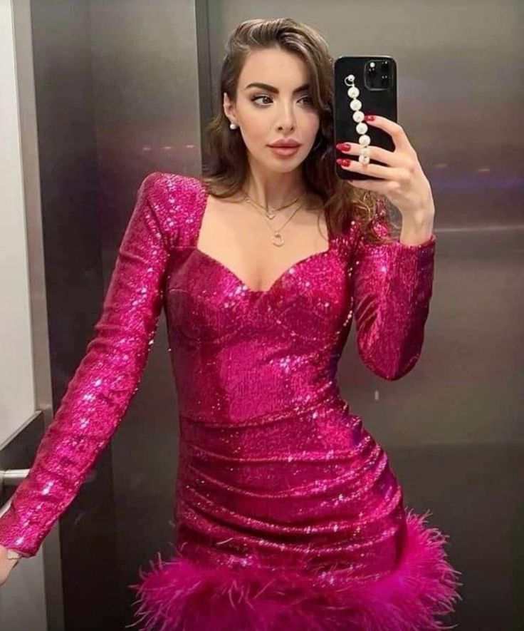 Pink Sparkling Sweetheart Neck Sequin Long Sleeve Short Prom Dress Evening Dress Party Dress Homecoming Dress gh3292
