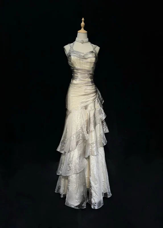 Vintage Silvery A-Line Prom Dress Long Ruffle Evening Dress Spaghetti Strap Tiered Formal Dress TP4584