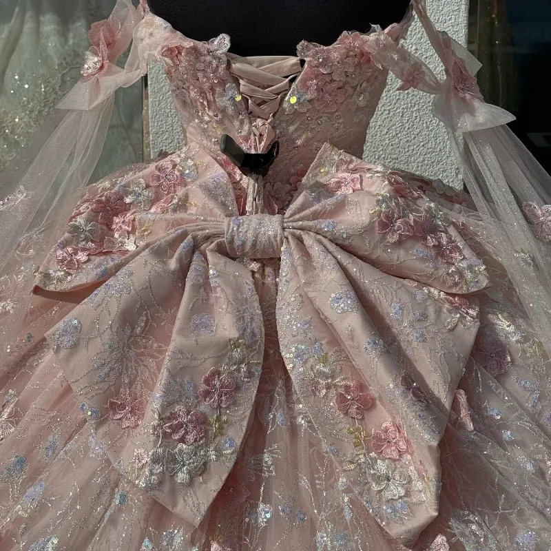 Light Pink Quinceanera Dress Off-Shoulder Lace Appliques Ball Gown fg6506