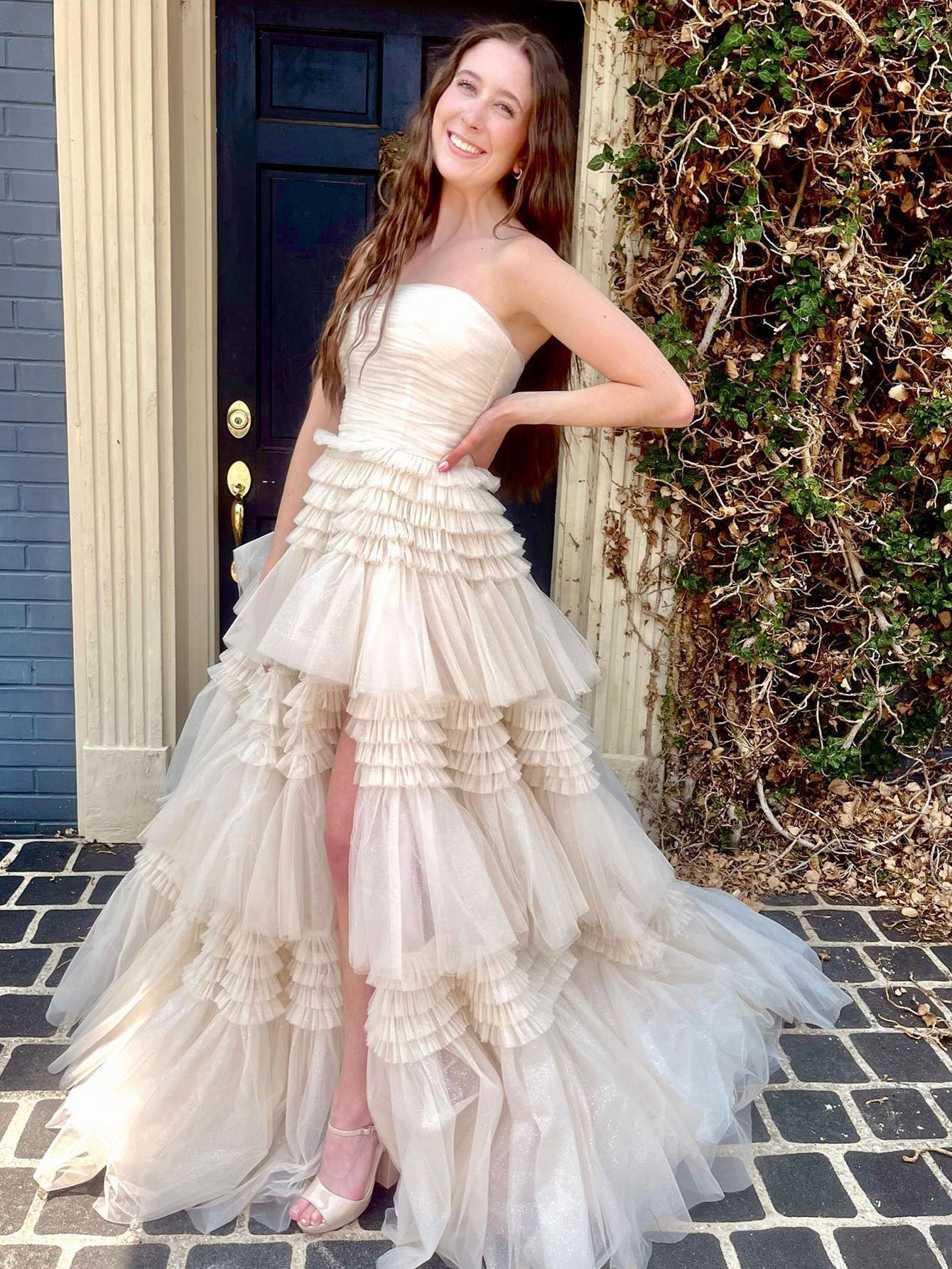 Champagne A-Line Strapless Ruffled Tiered Tulle Long Prom Dress