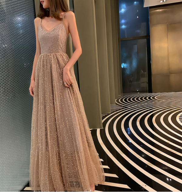A line v neck tulle long prom dress evening dress 8421
