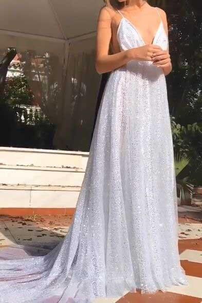Vestido de fiesta largo brillante con escote en V espagueti y espalda descubierta con lentejuelas
