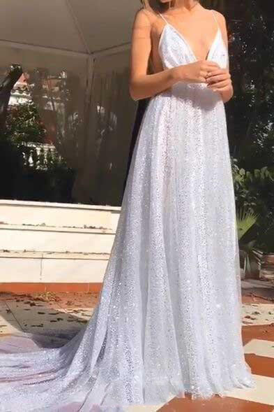Sparkly Long Prom Dress Spaghetti V Neck Backless Sequin Evening Gown GP16