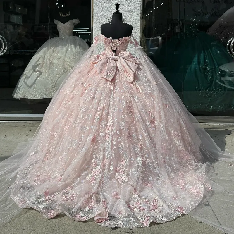 Light Pink Quinceanera Dress Off-Shoulder Lace Appliques Ball Gown fg6506