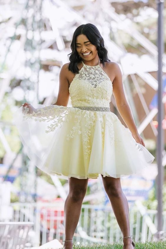 Yellow Tulle Lace Short Prom Dress Beading A Line Homecoming Dress KP41