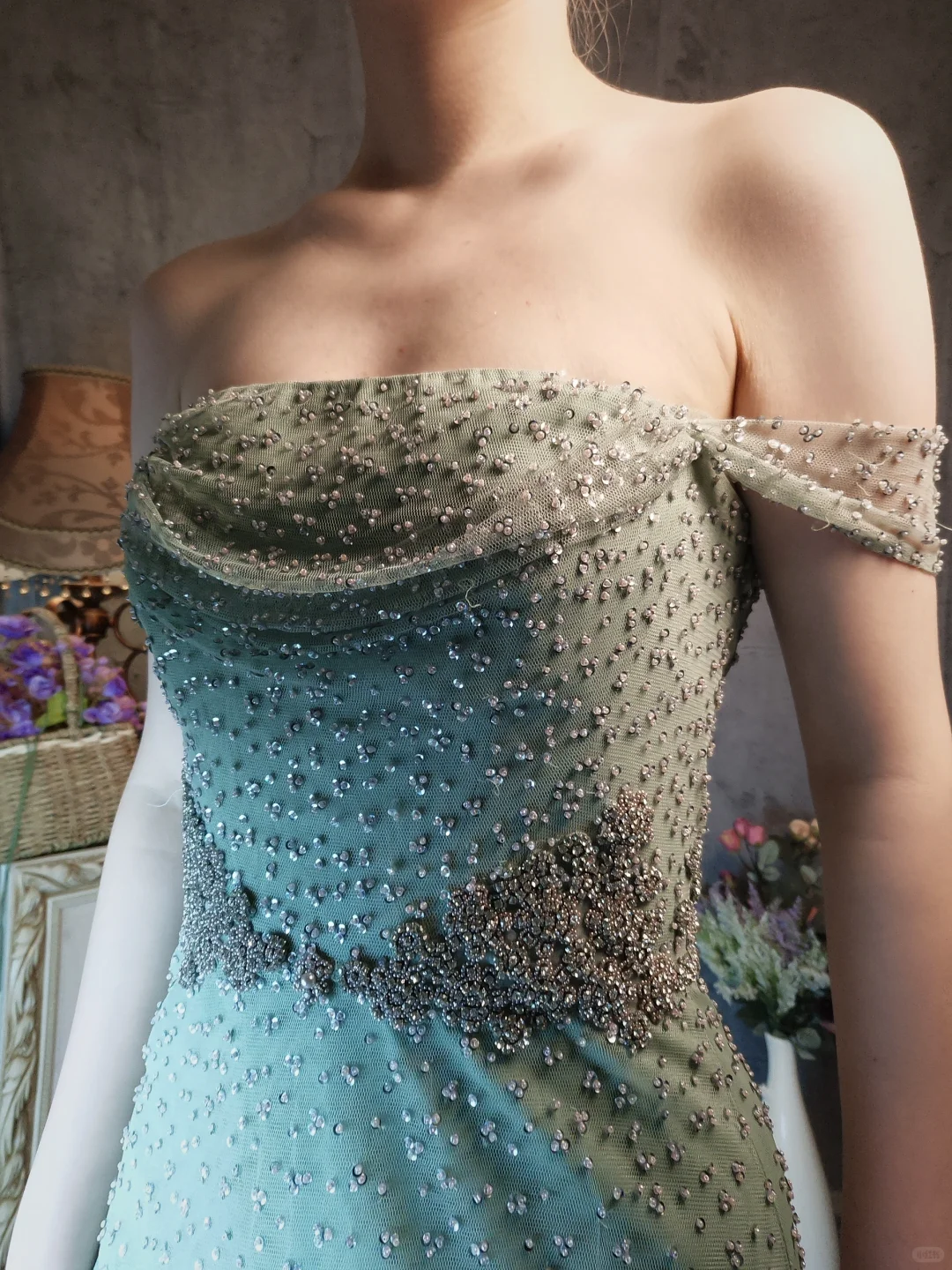 Vintage Light Green Off-the-shoulder Sparkling Beaded Design A-line Short Homecoming Dress TP4023
