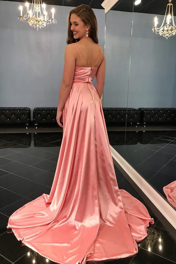 Coral Pink Long Prom Dress Spaghetti Straps Slit Formal Gown GP44