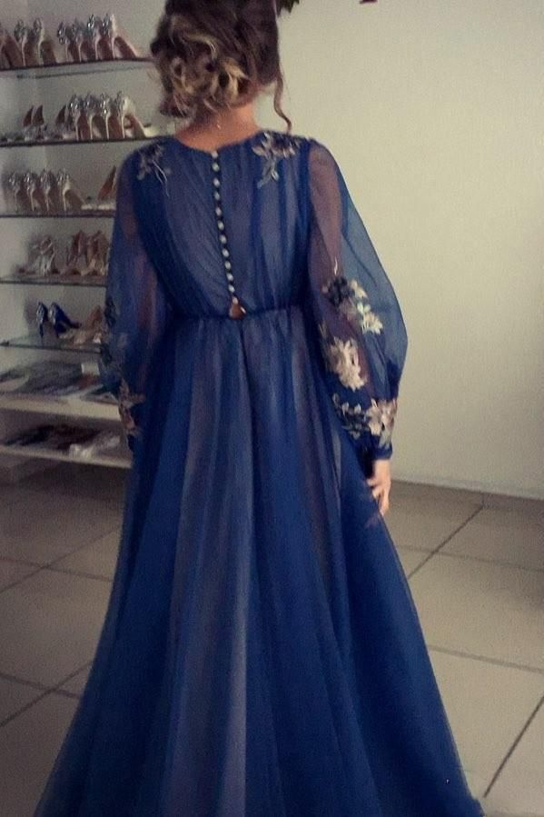 A Line Long Sleeve Tulle Appliques Prom Dresses, Long Evening Dress fg3172