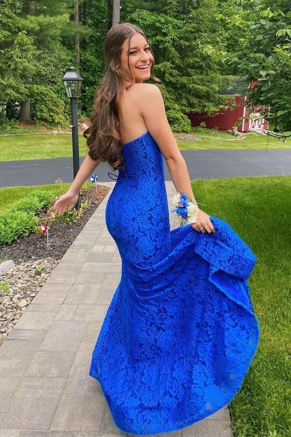 Lace Strapless Royal Blue Prom Dresses with Slit fg3169