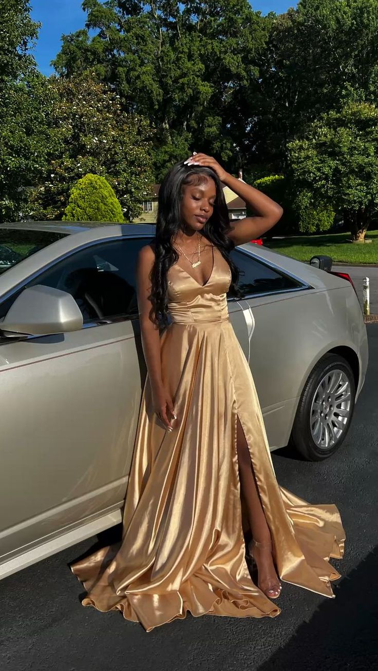 A Line V Neck Gold Sleeveless Satin Long Prom Dress,Formal Gown cg24925