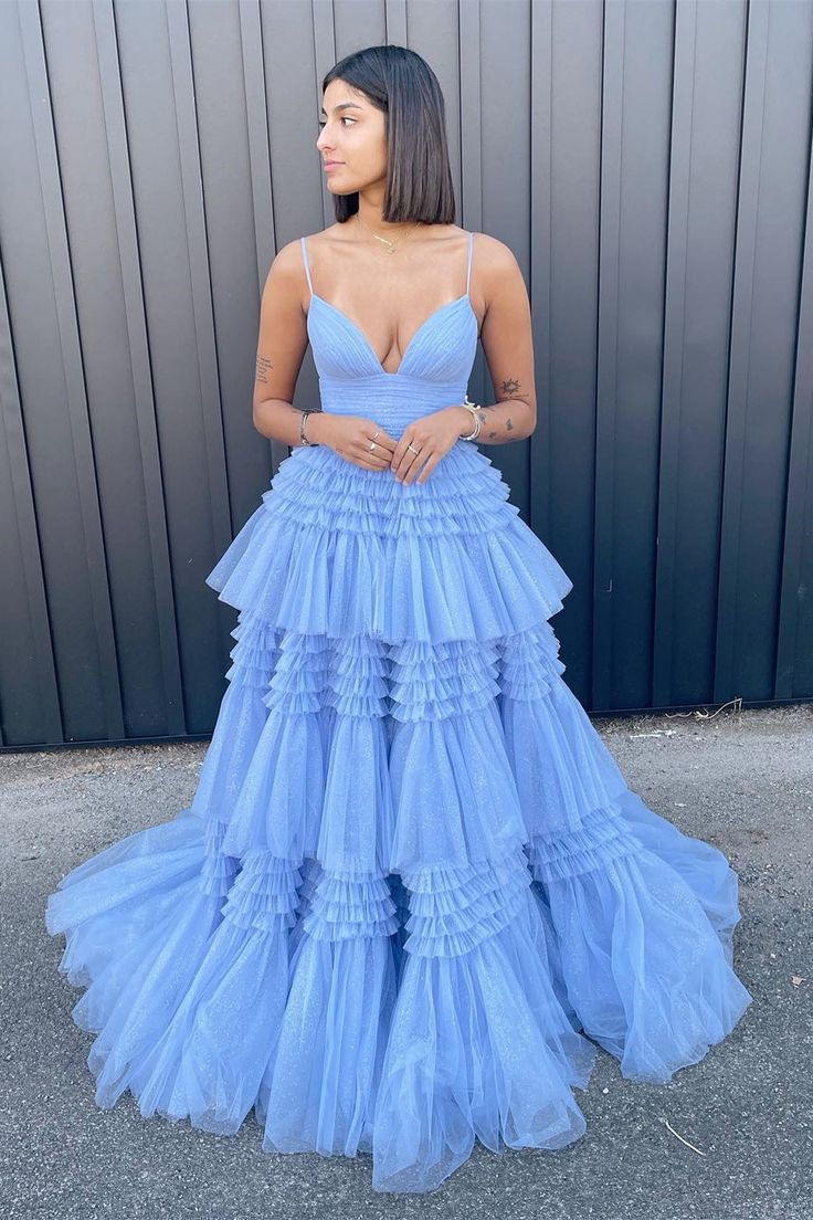 V Neck Layers Tulle Long Ball Gown,A Line Spaghetti Strap Evening Dresses fg3211