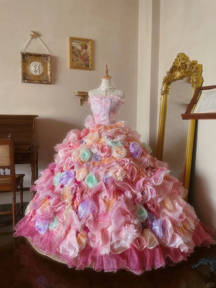 Princess Dreamy Colorful Flower Sweetheart Neck Ball Gown Organza Prom Dress Birthday Dress SH3632