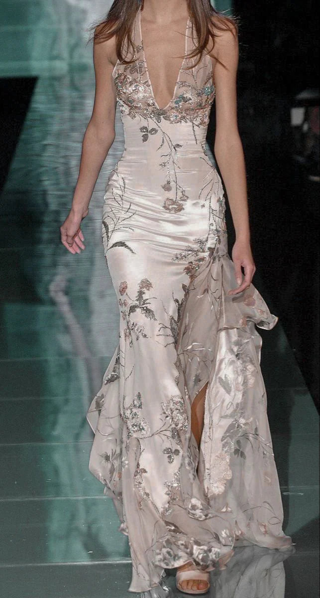 Vintage Floral Sheath Prom Dress Long Halter-neck Evening Dress Chiffon High Slit Formal Dress TP4576