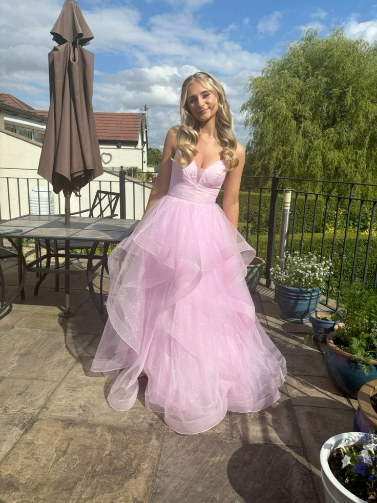 Shiny Pink Tulle Tiered A-line Prom Dress Straps Evening Gown