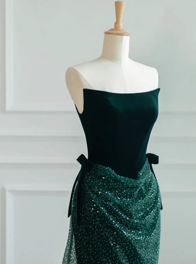 Green A Line Strapless Velvet Sequin Long Sweep Prom Dress Graduation Prom Dress SH2492