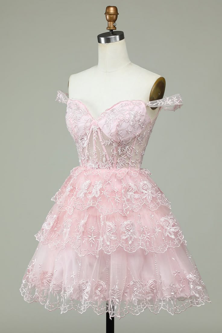 Vintage Pink Floral Embroidery Design A-line Off-the-shoulder Tiered Homecoming Dress TP3418