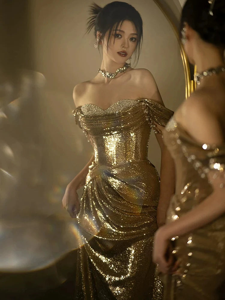Mermaid Gold Long Prom Dress Sexy Off Shoulder Evening Dresses fg7664