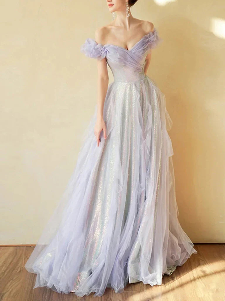 Off Shoulder Sequin Tulle Long Prom Dress, Formal Evening Dresses fg4970