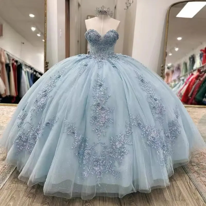 Vestido de quinceañera azul claro de encaje, vestidos de 15 años para fiesta de cumpleaños, vestidos de princesa para baile
