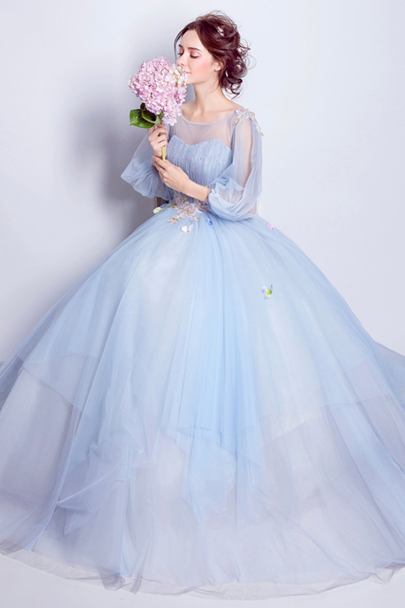 Blue Tulle Long A-Line Prom Dress, Long Sleeve Lace Formal Gown