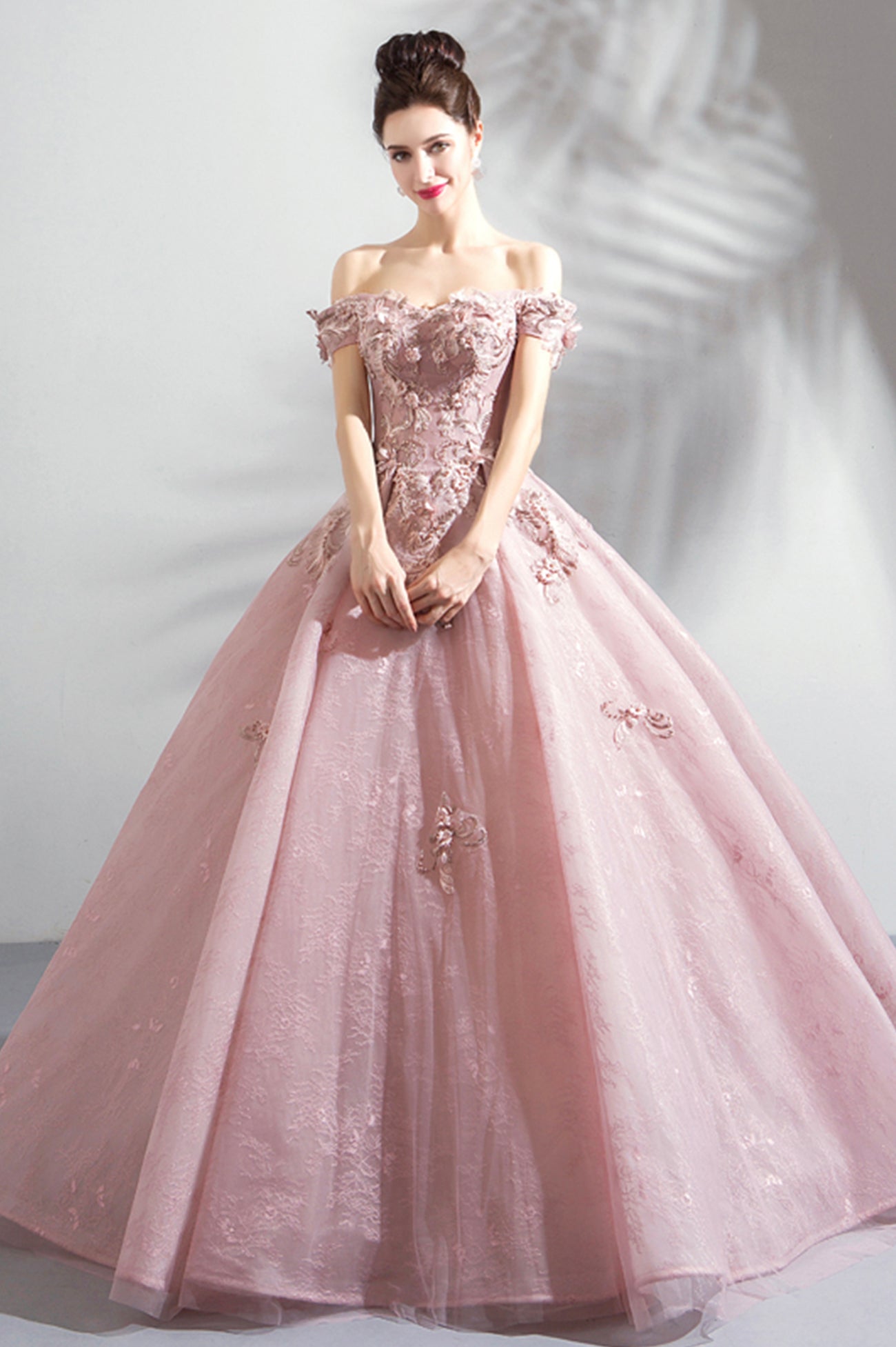 Pink Tulle Lace Long Formal Party Dress, Off the Shoulder Evening Dress