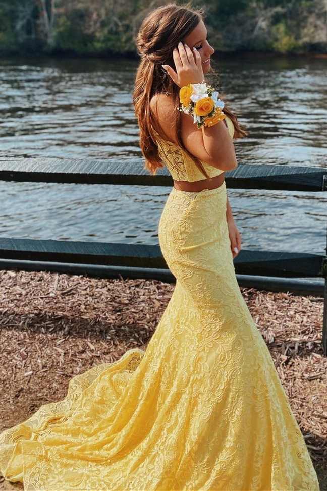 Yellow Mermaid Lace Long Prom Dress, Two Piece Graduation Gown GP274