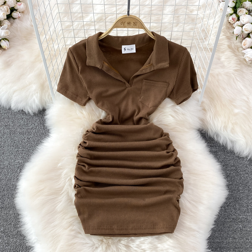 Slim and sexy polo collar, careful machine wrapped hip skirt 11138
