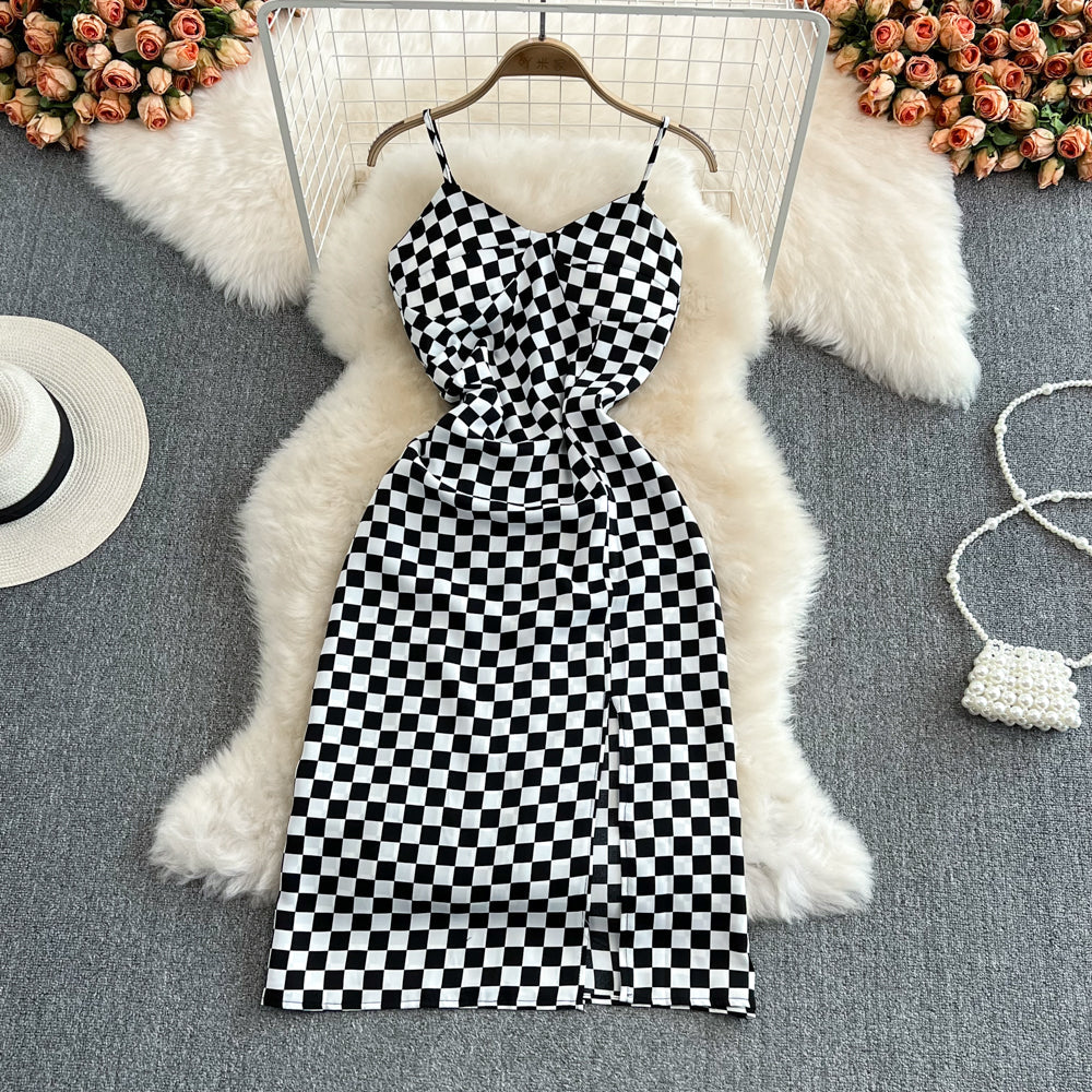 Fashion sleeveless backless split V-neck checkerboard dress 11126