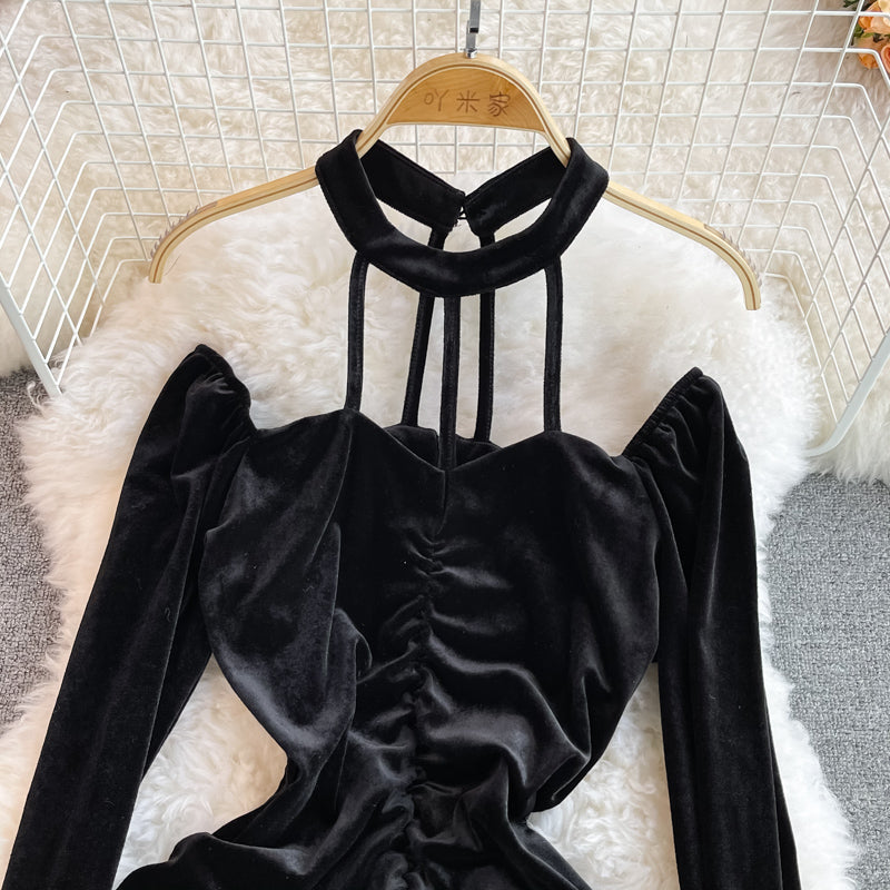 Black Velvet Long Sleeve Dress Fashion Dress 10936