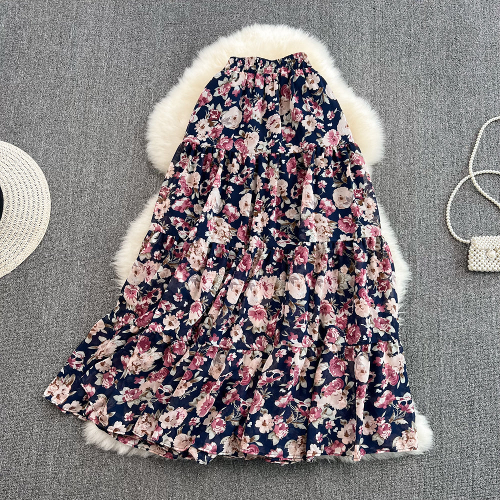 Small fresh high waist thin medium long floral skirt 11290