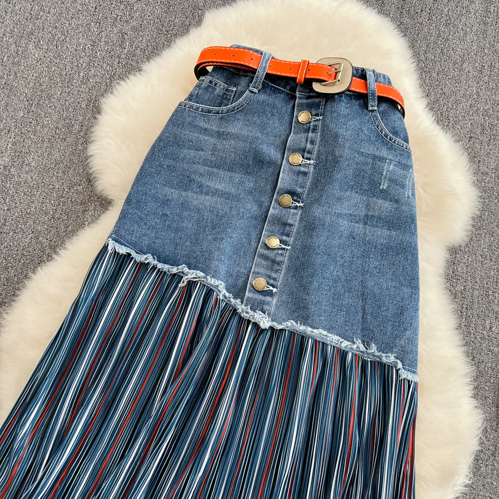 Pleated stitched denim skirt, irregular medium length A-line skirt 11275
