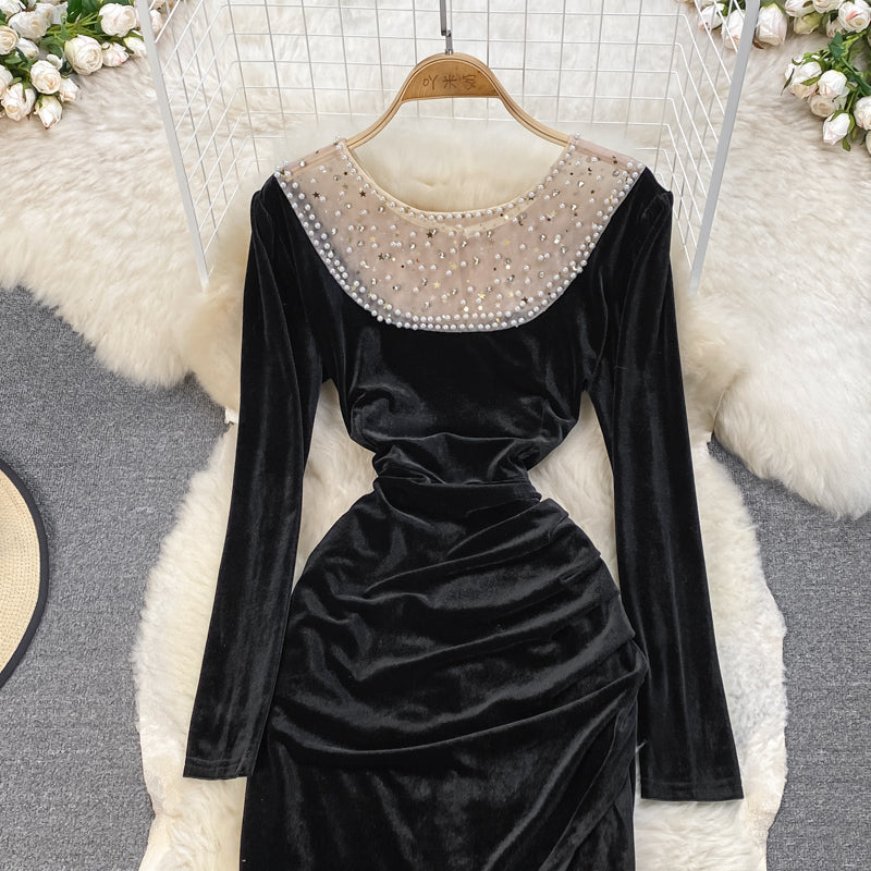 Black Velvet Long Sleeve Dress Fashion Dress 10929