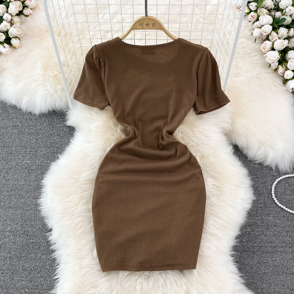 Spice Girl round neck chest hollowed out elastic tight drawstring short Hip Wrap Dress 10970
