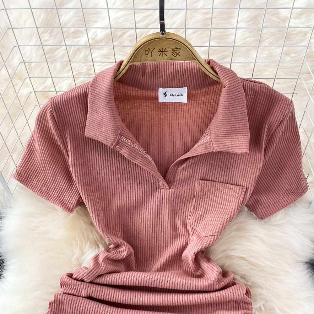 Slim and sexy polo collar, careful machine wrapped hip skirt 11138