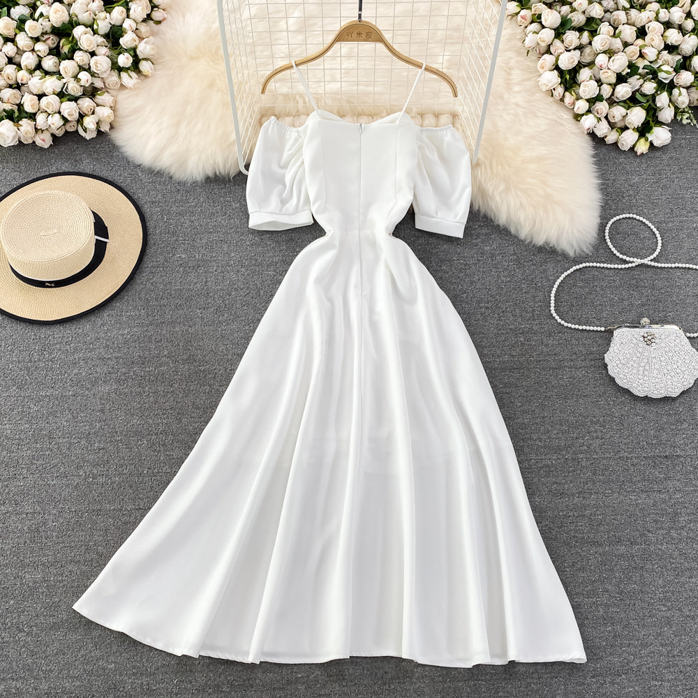 Narrow waist and thin bubble sleeve suspender dress 11172