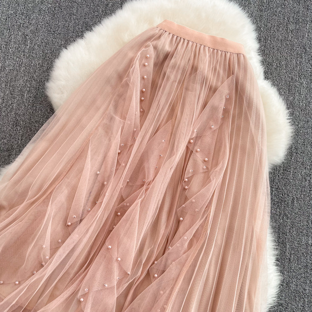 Elastic waist super fairy irregular nail bead mesh skirt 11286